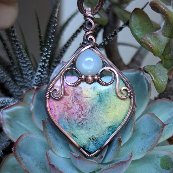 Fossilized Palm Root Heart & Silky Moonstone Wire Wrapped Vase Pendant in Oxidized Copper