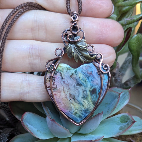 Fossilized Palm Root Heart Wire Wrapped Pendant in Oxidized Copper