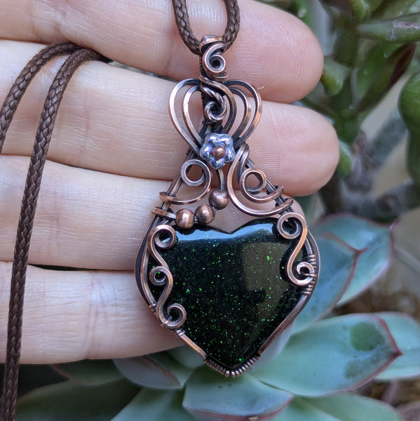 Green Goldstone Heart Wire Wrapped Pendant in Oxidized Copper