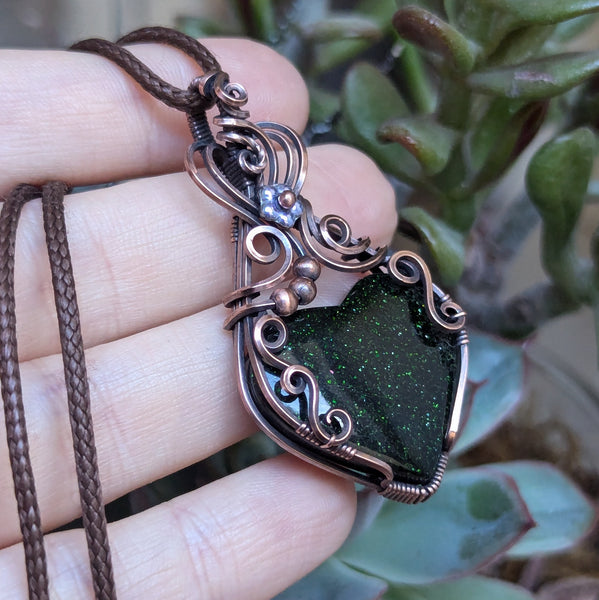 Green Goldstone Heart Wire Wrapped Pendant in Oxidized Copper