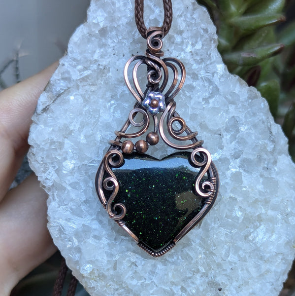 Green Goldstone Heart Wire Wrapped Pendant in Oxidized Copper