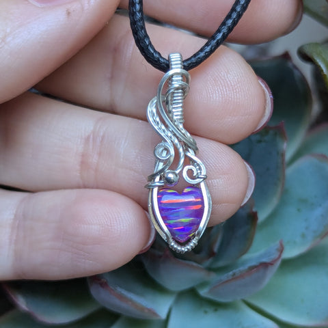 Lab Opal Heart Mini Wire Wrapped Pendant in Sterling Silver