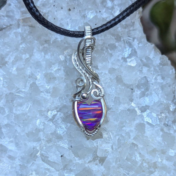 Lab Opal Heart Mini Wire Wrapped Pendant in Sterling Silver