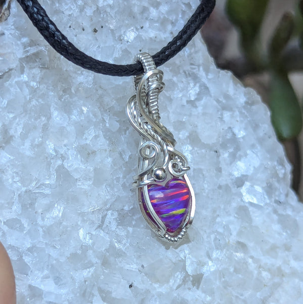 Lab Opal Heart Mini Wire Wrapped Pendant in Sterling Silver