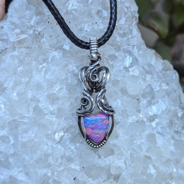 Lab Opal Heart Mini Wire Wrapped Pendant in Oxidized Sterling Silver