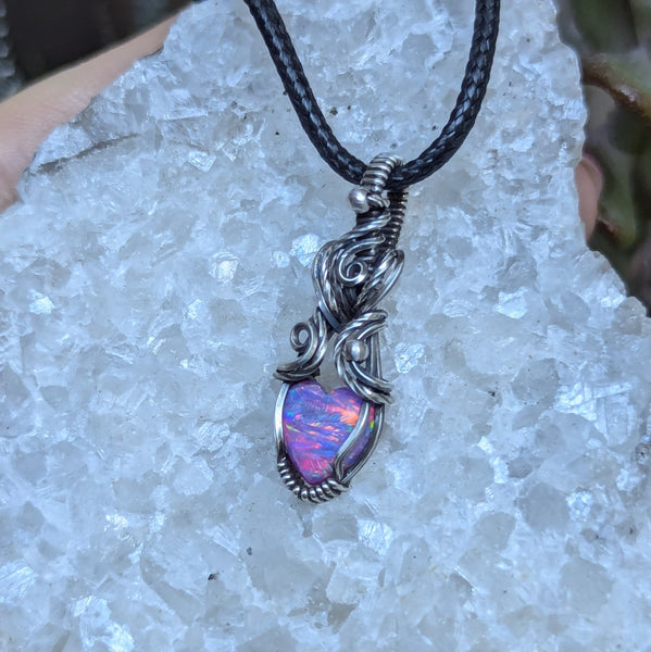 Lab Opal Heart Mini Wire Wrapped Pendant in Oxidized Sterling Silver