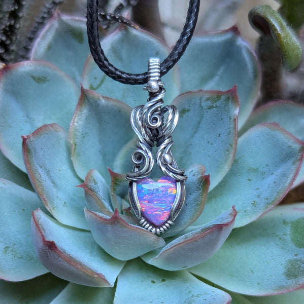 Lab Opal Heart Mini Wire Wrapped Pendant in Oxidized Sterling Silver