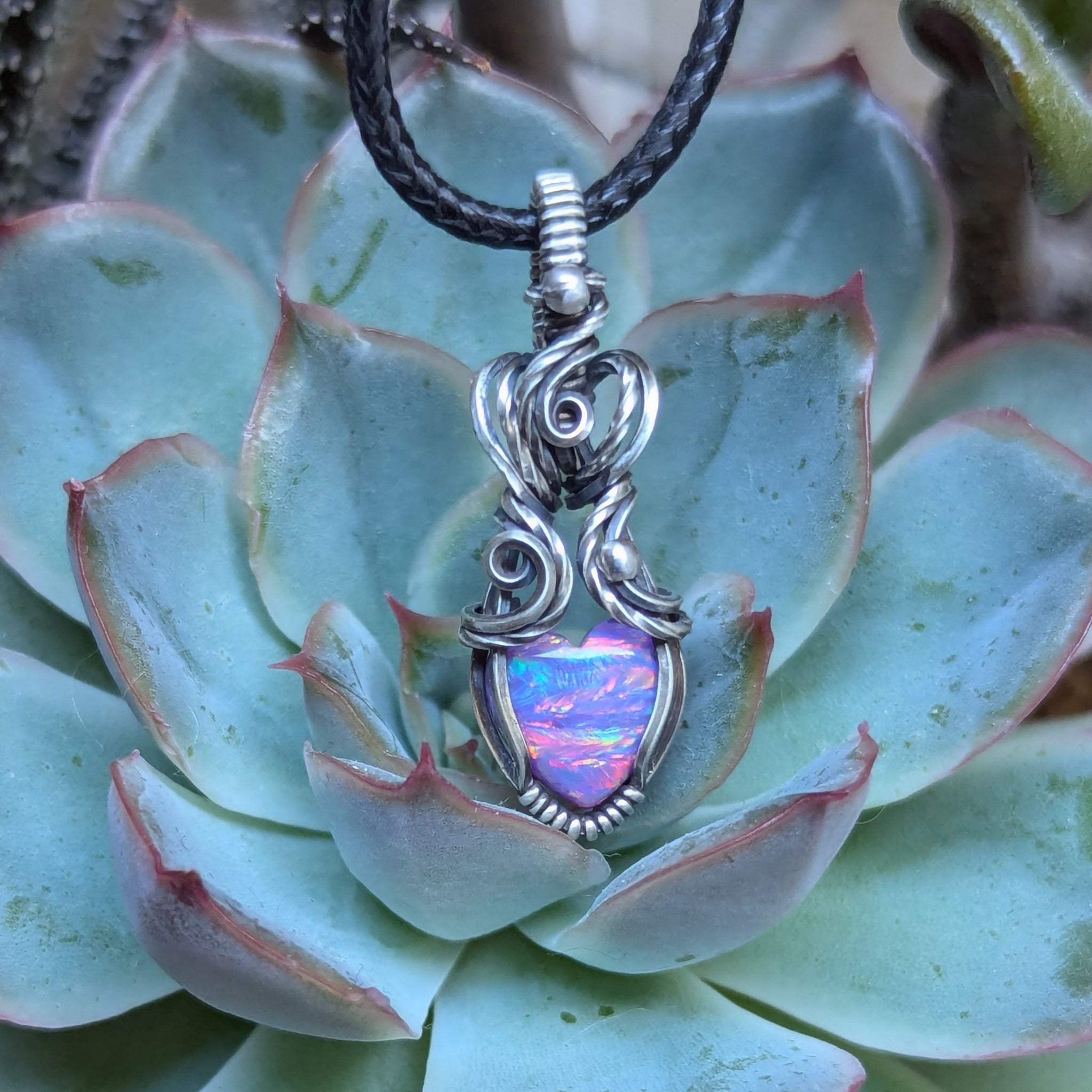 Lab Opal Heart Mini Wire Wrapped Pendant in Oxidized Sterling Silver