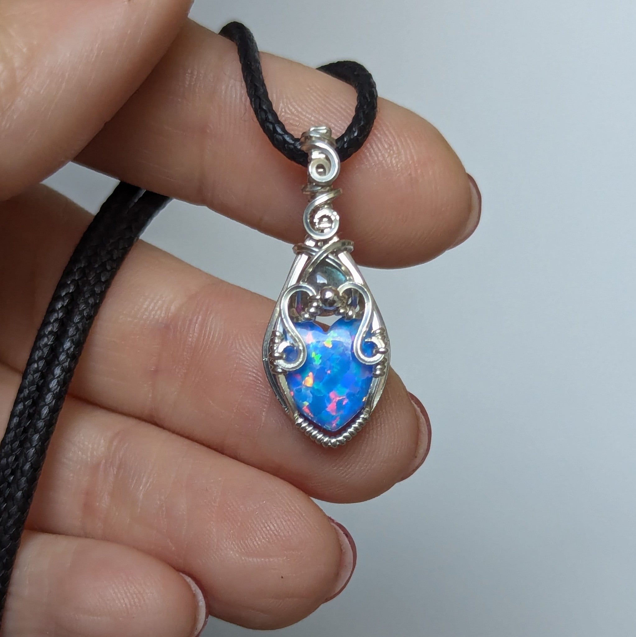 Lab Opal Heart & Labradorite Mini Wire Wrapped Vase Pendant in Sterling Silver