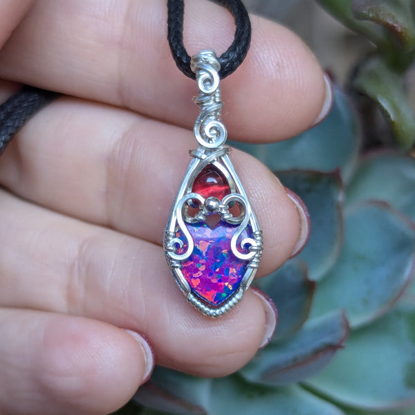 Lab Opal Heart & Garnet Mini Wire Wrapped Vase Pendant in Sterling Silver