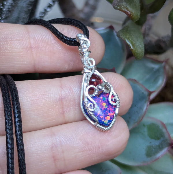 Lab Opal Heart & Garnet Mini Wire Wrapped Vase Pendant in Sterling Silver