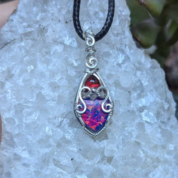 Lab Opal Heart & Garnet Mini Wire Wrapped Vase Pendant in Sterling Silver