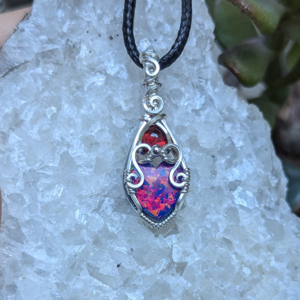 Lab Opal Heart & Garnet Mini Wire Wrapped Vase Pendant in Sterling Silver