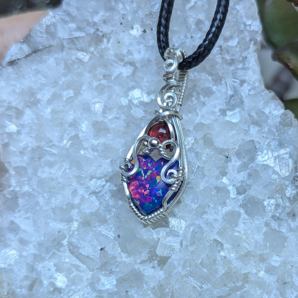 Lab Opal Heart & Garnet Mini Wire Wrapped Vase Pendant in Sterling Silver