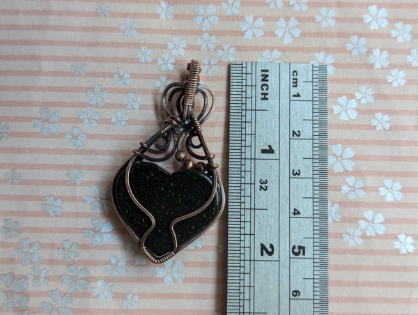 Green Goldstone Heart Wire Wrapped Pendant in Oxidized Copper