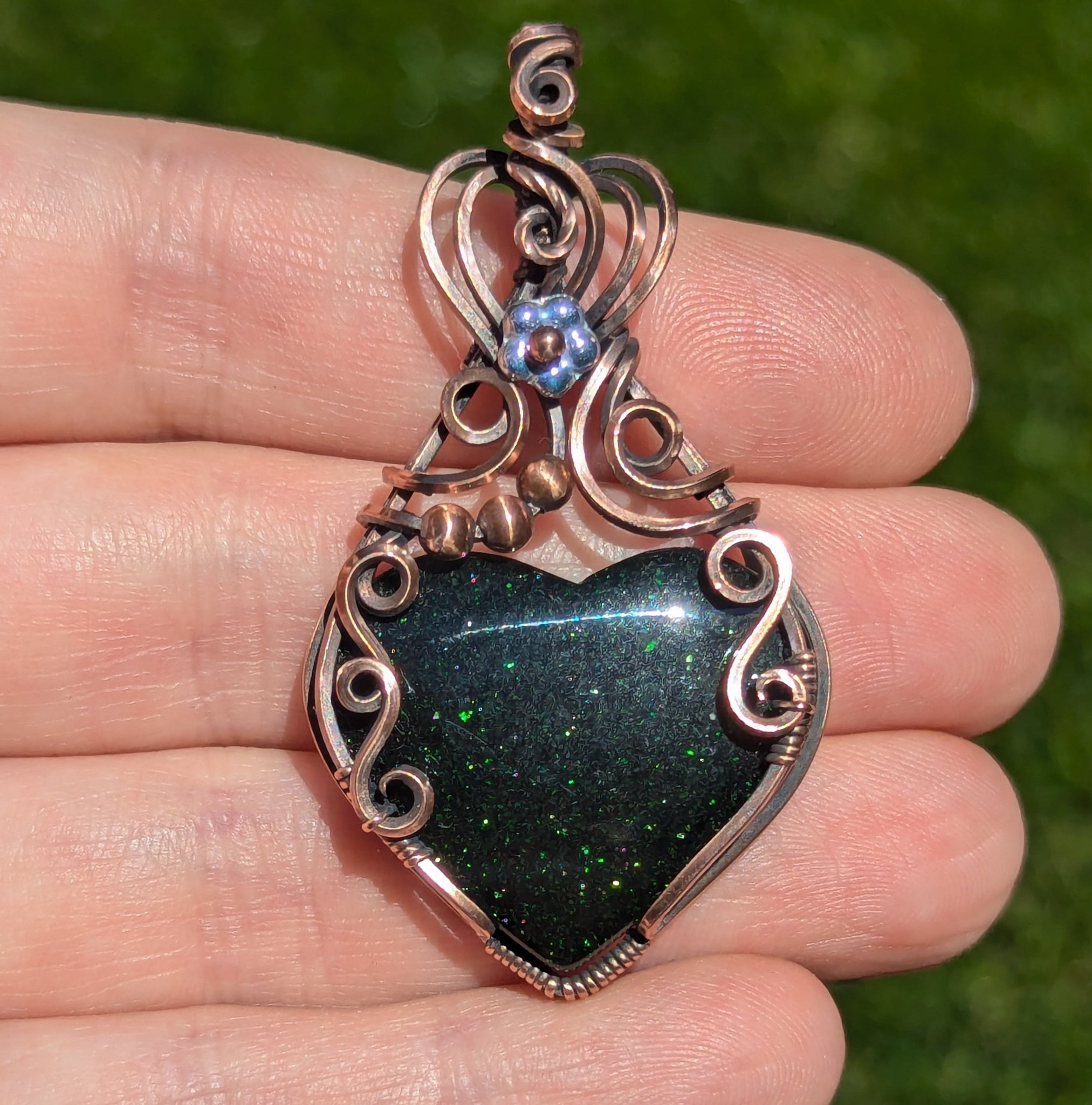 Green Goldstone Heart Wire Wrapped Pendant in Oxidized Copper