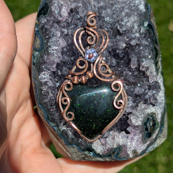 Green Goldstone Heart Wire Wrapped Pendant in Oxidized Copper