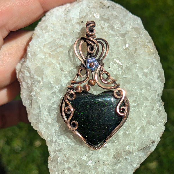 Green Goldstone Heart Wire Wrapped Pendant in Oxidized Copper