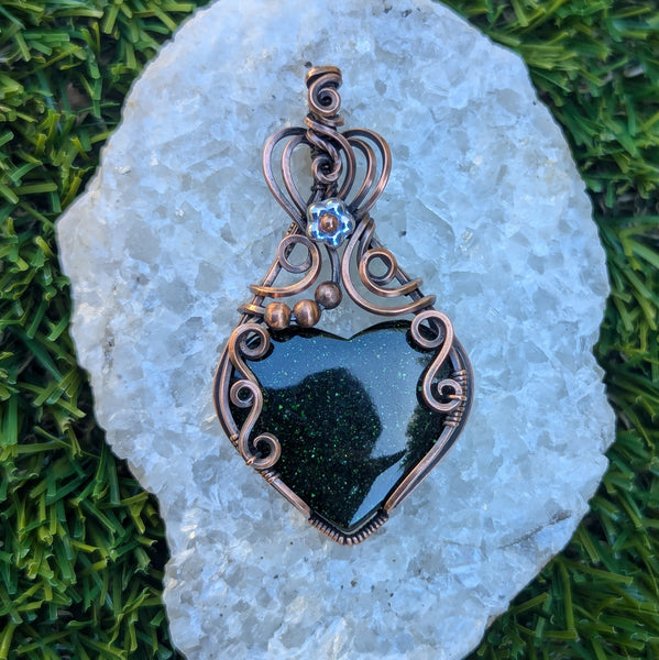 Green Goldstone Heart Wire Wrapped Pendant in Oxidized Copper