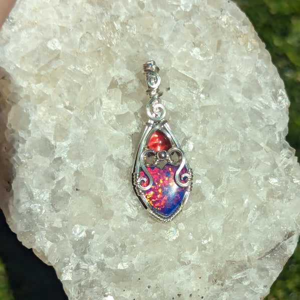 Lab Opal Heart & Garnet Mini Wire Wrapped Vase Pendant in Sterling Silver