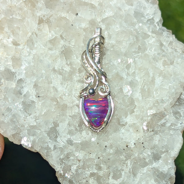 Lab Opal Heart Mini Wire Wrapped Pendant in Sterling Silver