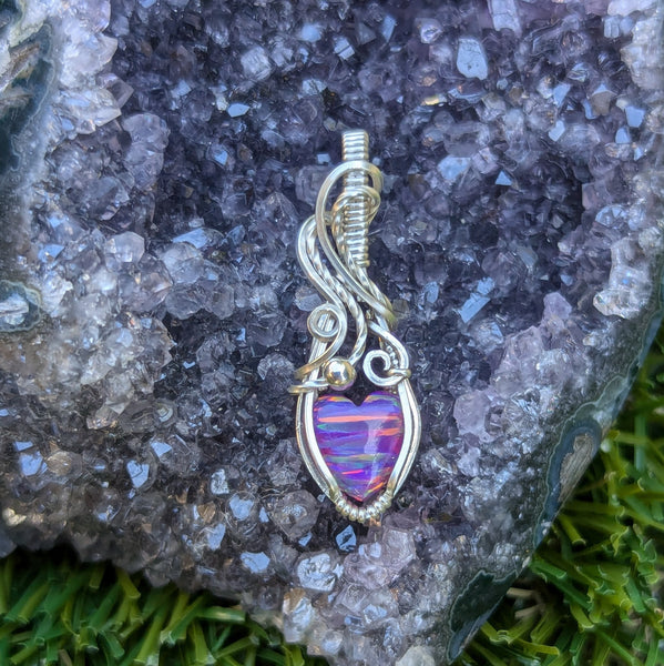 Lab Opal Heart Mini Wire Wrapped Pendant in Sterling Silver