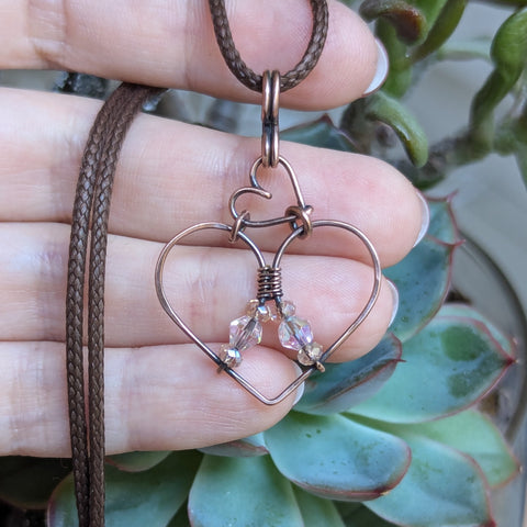 Hearts Wire Wrapped Pendant in Oxidized Copper