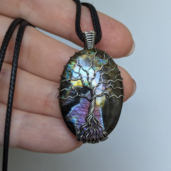 Purple Labradorite Tree of Life Wire Wrapped Pendant in Oxidized Sterling Silver