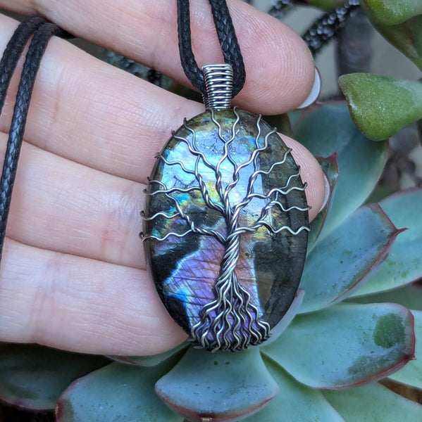 Purple Labradorite Tree of Life Wire Wrapped Pendant in Oxidized Sterling Silver