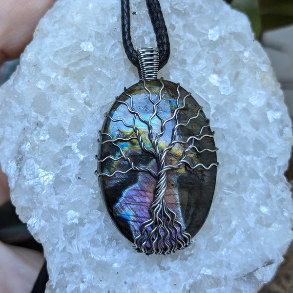 Purple Labradorite Tree of Life Wire Wrapped Pendant in Oxidized Sterling Silver