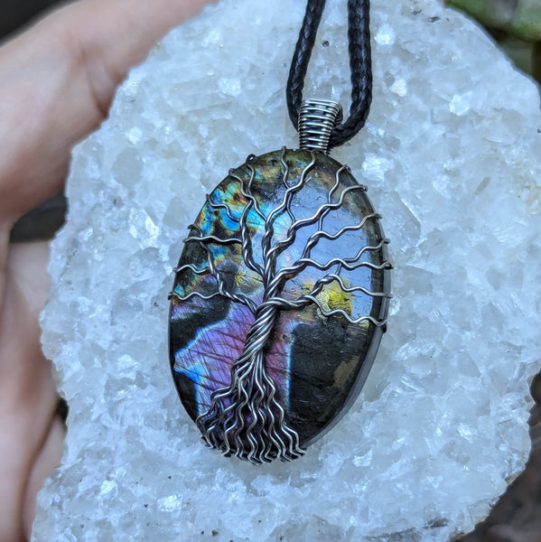 Purple Labradorite Tree of Life Wire Wrapped Pendant in Oxidized Sterling Silver