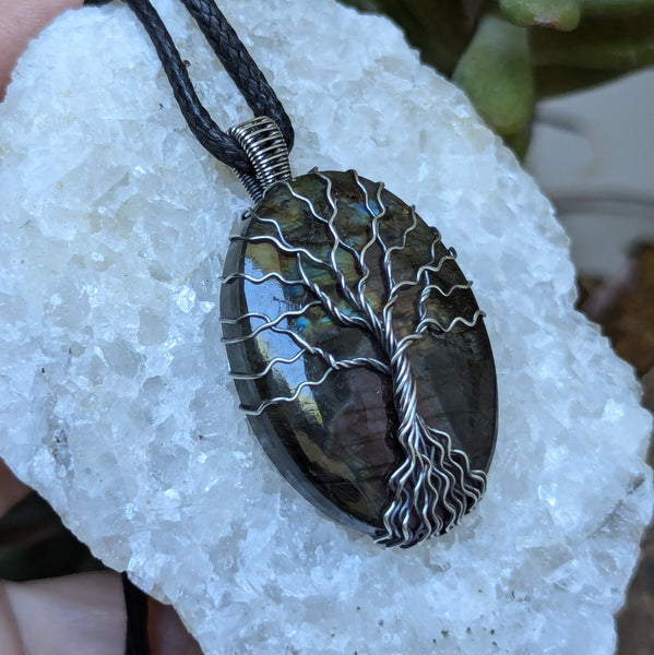 Purple Labradorite Tree of Life Wire Wrapped Pendant in Oxidized Sterling Silver