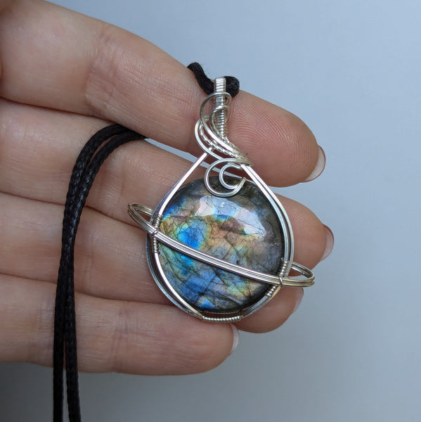 Labradorite Wire Wrapped Planet Pendant in Sterling Silver