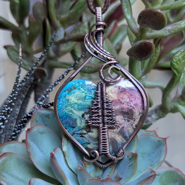 Palm Root Pine Tree Wire Wrapped Heart Pendant in Oxidized Copper