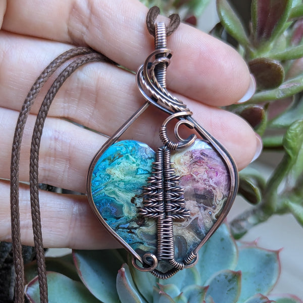 Palm Root Pine Tree Wire Wrapped Heart Pendant in Oxidized Copper