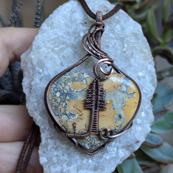 Maligano Jasper Pine Tree Wire Wrapped Pendant in Oxidized Copper