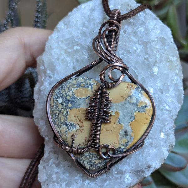 Maligano Jasper Pine Tree Wire Wrapped Pendant in Oxidized Copper