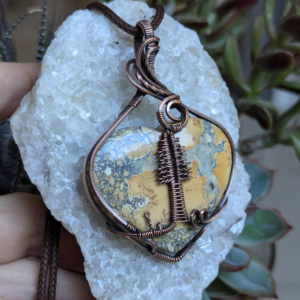 Maligano Jasper Pine Tree Wire Wrapped Pendant in Oxidized Copper