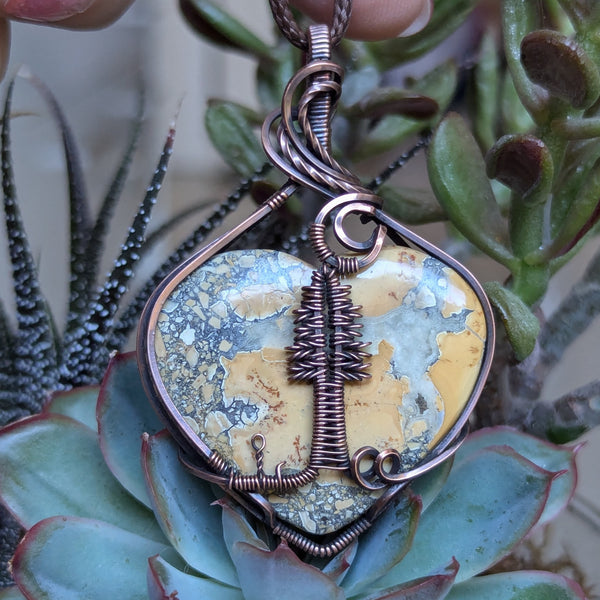 Maligano Jasper Pine Tree Wire Wrapped Pendant in Oxidized Copper