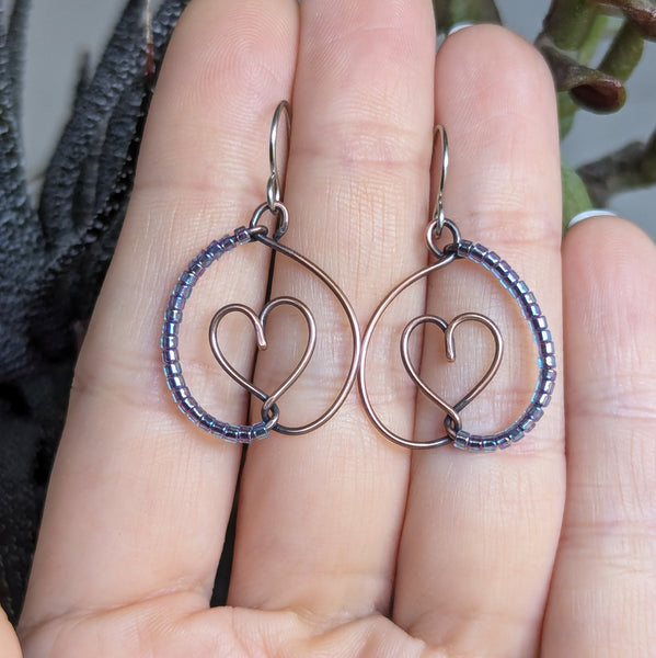 Heart Wire Wrapped Earrings in Oxidized Copper