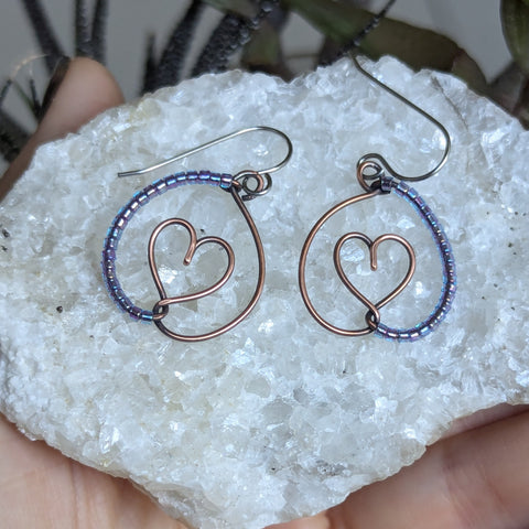 Heart Wire Wrapped Earrings in Oxidized Copper