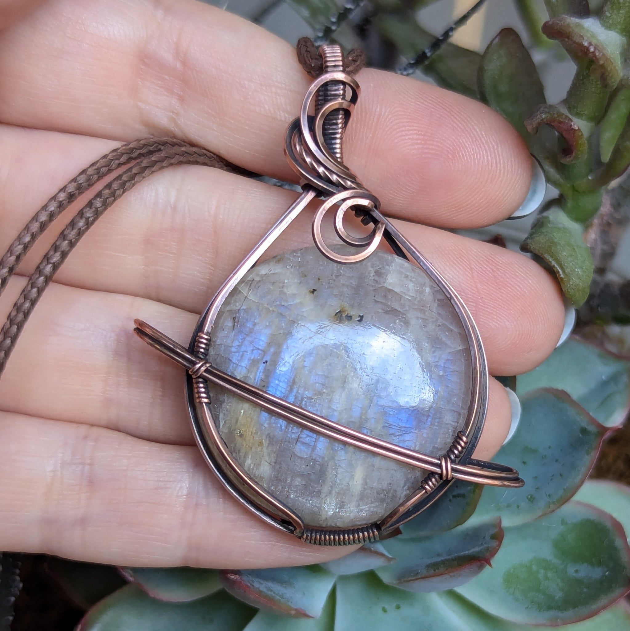 Belomorite Moonstone Wire Wrapped Planet Pendant in Oxidized Copper