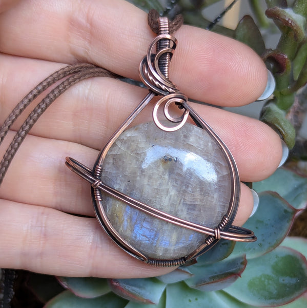 Belomorite Moonstone Wire Wrapped Planet Pendant in Oxidized Copper