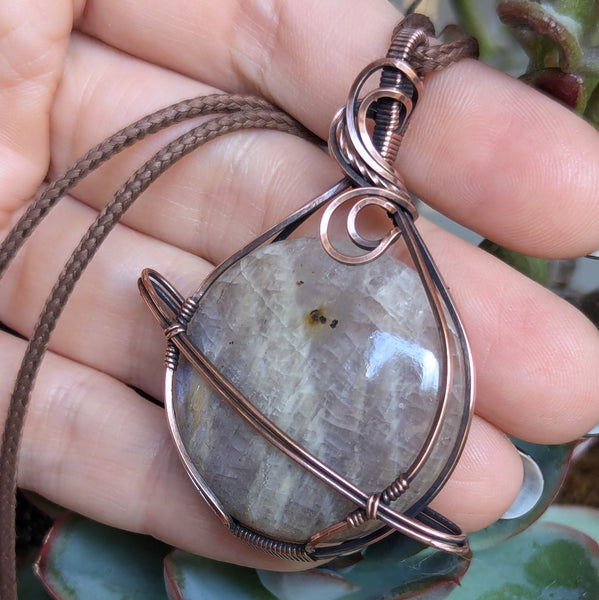 Belomorite Moonstone Wire Wrapped Planet Pendant in Oxidized Copper