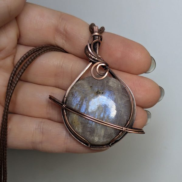 Belomorite Moonstone Wire Wrapped Planet Pendant in Oxidized Copper