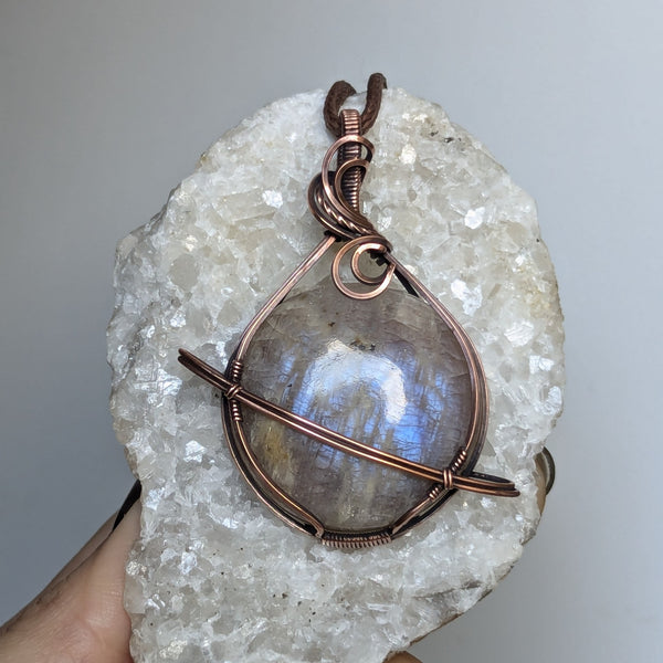 Belomorite Moonstone Wire Wrapped Planet Pendant in Oxidized Copper