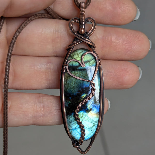 Labradorite Wire Wrapped Pendant in Oxidized Copper