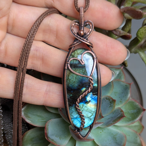 Labradorite Wire Wrapped Pendant in Oxidized Copper