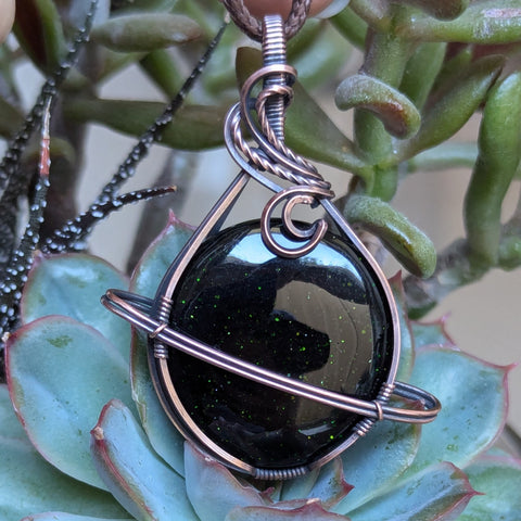 Green Goldstone Wrapped Planet Pendant in Oxidized Copper