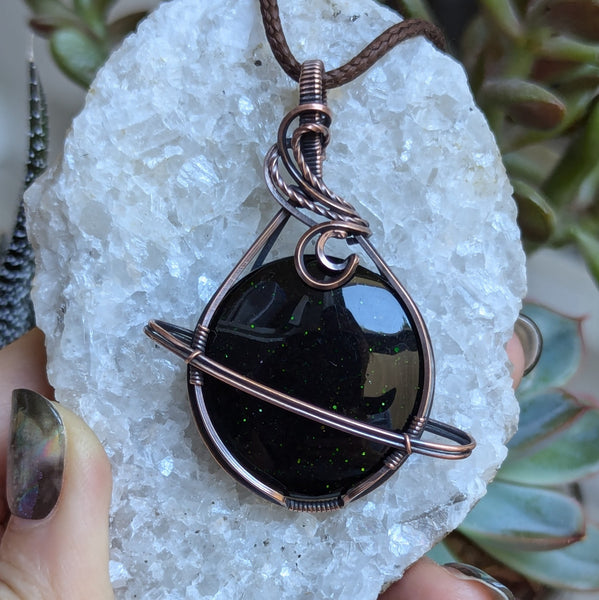 Green Goldstone Wrapped Planet Pendant in Oxidized Copper